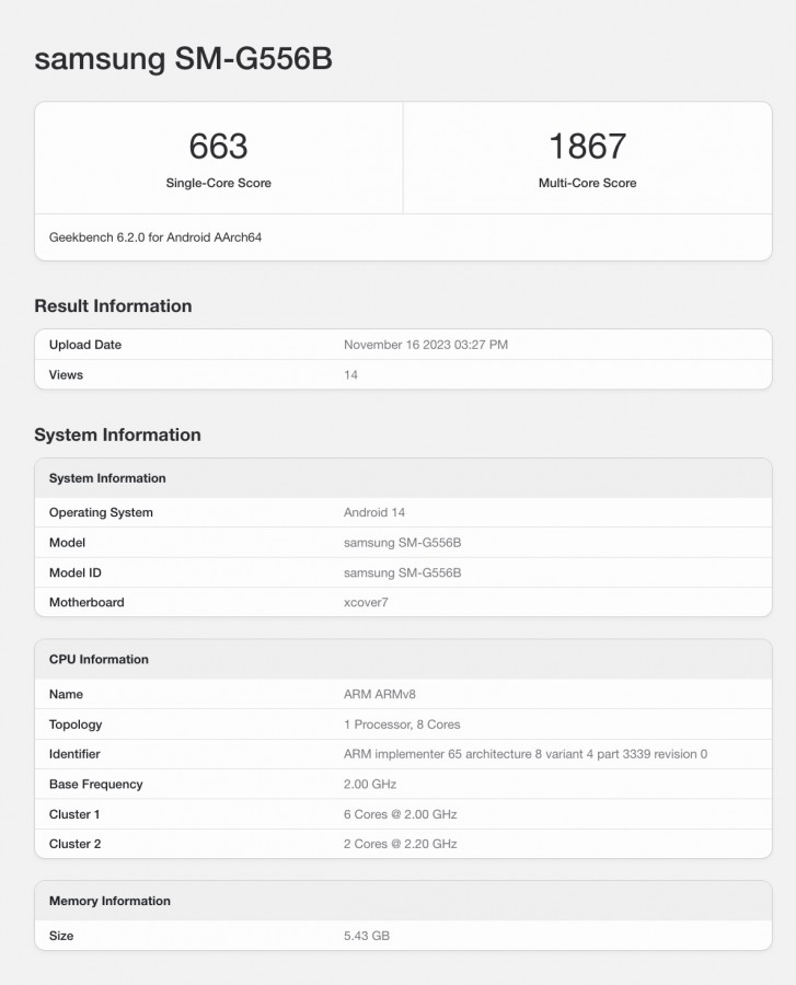 Samsung Galaxy XCover 7 Geekbench puan kartı

