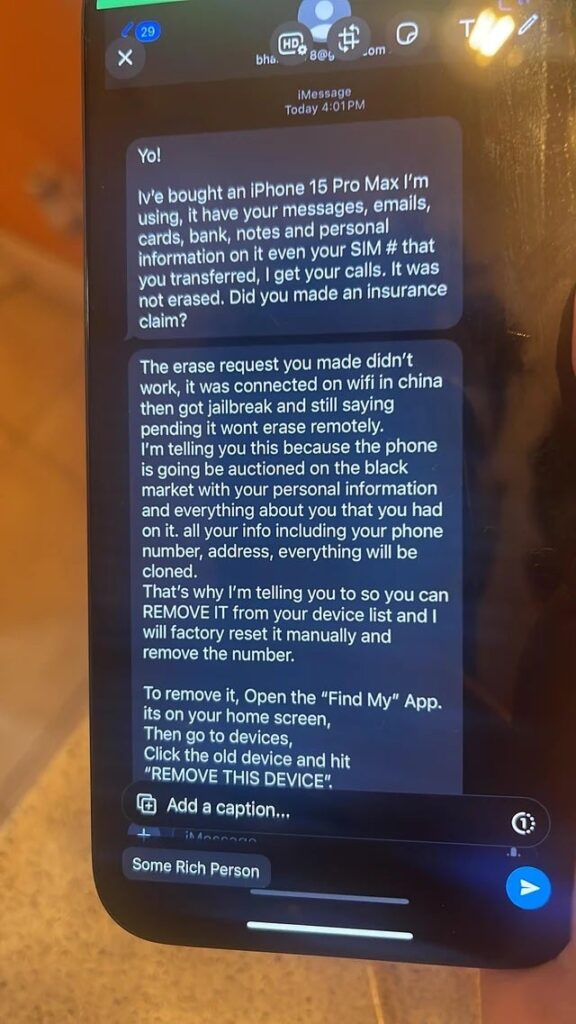 Hırsız, iPhone'unu çaldırdıktan sonra kurbana bir mesaj göndererek Bul uygulamasını devre dışı bırakmasını istiyor.
