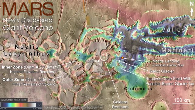 Noctis Mons'un özelliklerini taşıyan topografik bir harita.